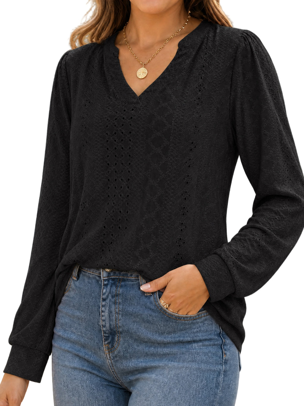 MOYIKO Eyelet Blouses for Women Dressy Casual Long Sleeve V Neck Fall Trendy Work Daily Wear Tops