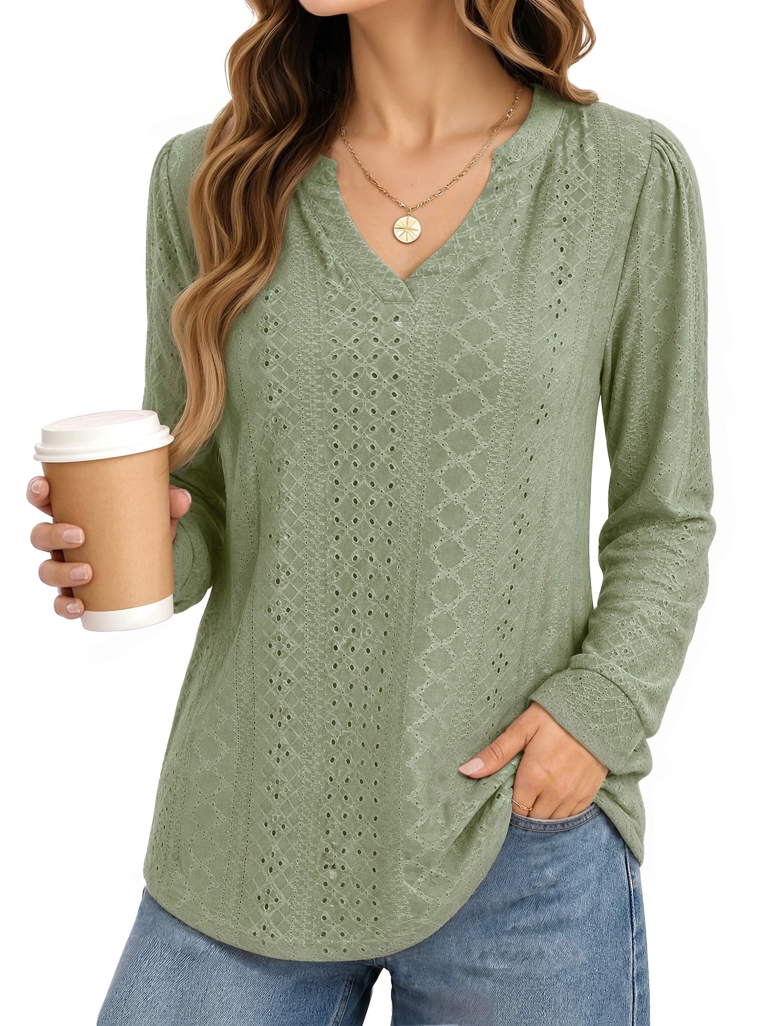 MOYIKO Eyelet Blouses for Women Dressy Casual Long Sleeve Shirts Bean Pink V Neck Fall Trendy Tops