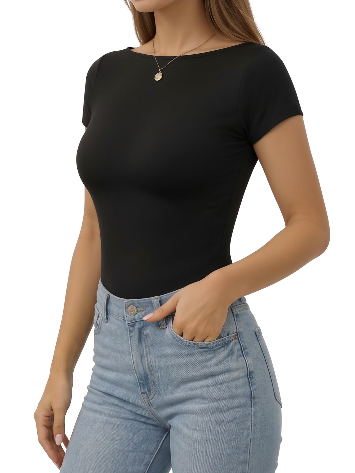 MOYIKO Womens T Shirts Short Sleeve Boat Neck Slim Fit Tee Basic Summer Tops