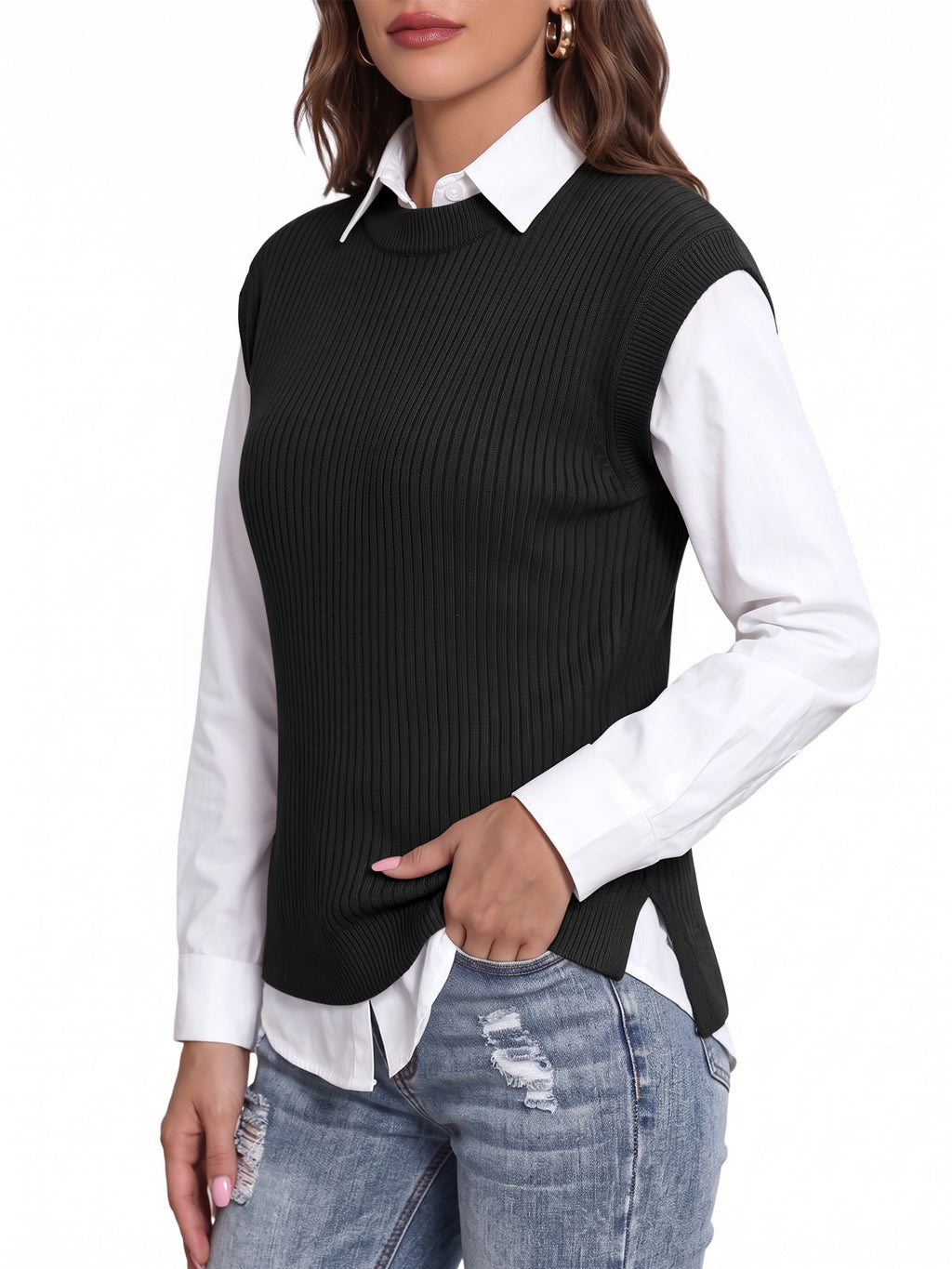 MOYIKO Sweater Vest Women Crew Neck Cap Sleeve Ribbed Knit Layering Tank Tops Side Slit Fall Winter Casual Going Out