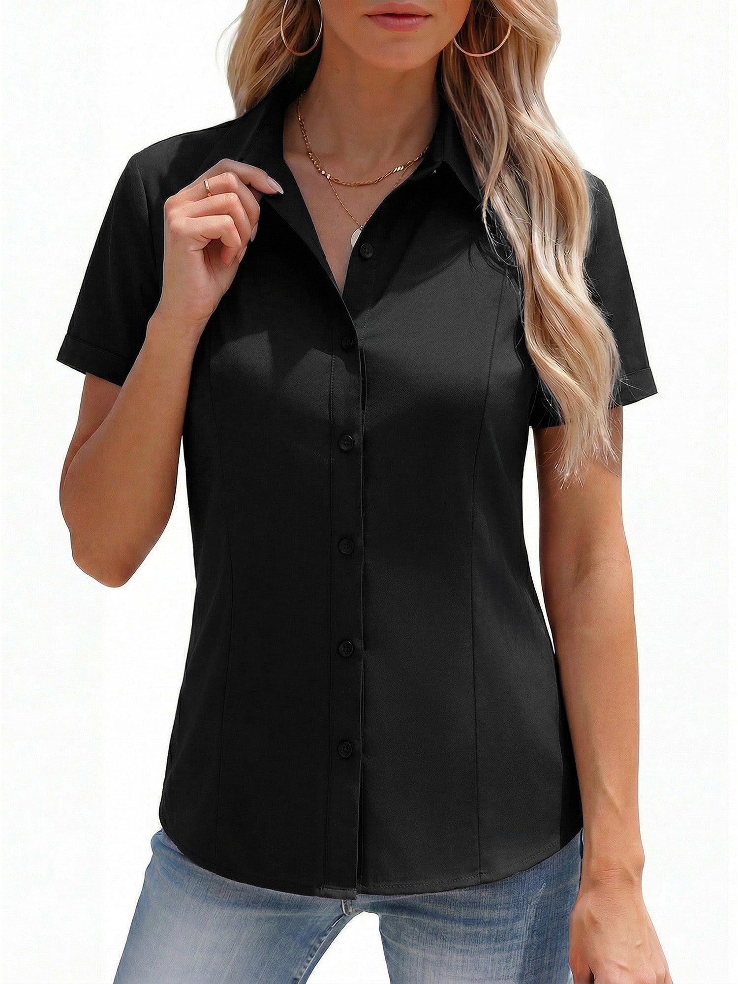 MOYIKO Womens Button Down Shirts Stretch Short Sleeve Dress Shirts Business Work Fitted Collared Office Basic Blouse