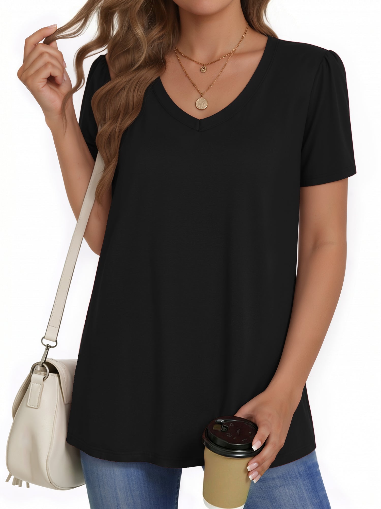 MOYIKO Womens Short Puff Sleeve T Shirts V Neck Summer Tops Trendy Dressy Casual Loose Fit Tees