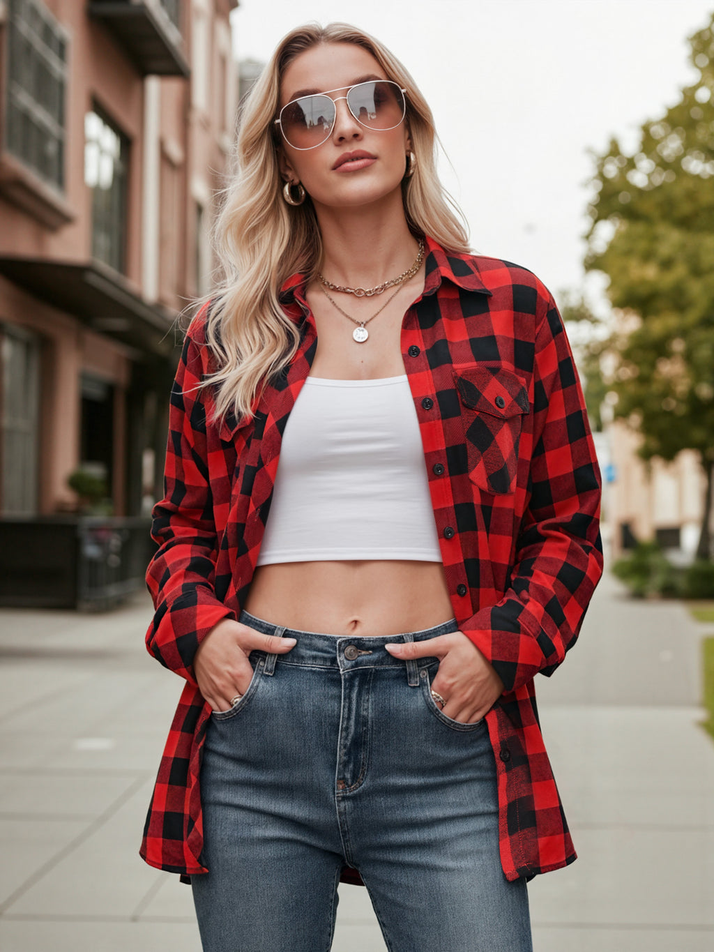 OALUXE Plaid Shirts for Women Roll Up Long Sleeve Casual Button Down Blouses Tops with Pockets