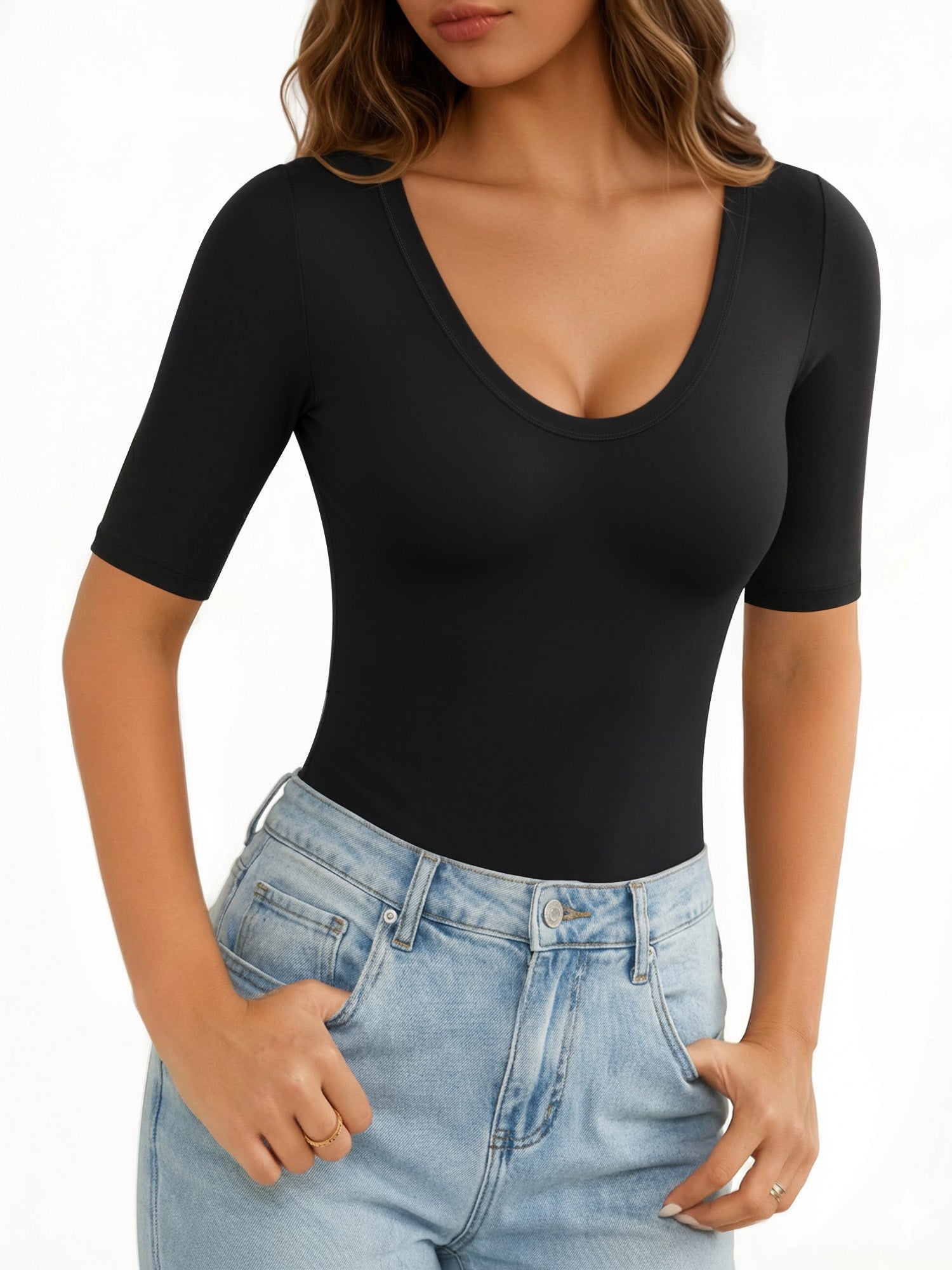 MOYIKO Womens Half Sleeve Tops Scoop Neck Slim Fitted Basic Tee Shirts 2026 Trendy Casual Clothes
