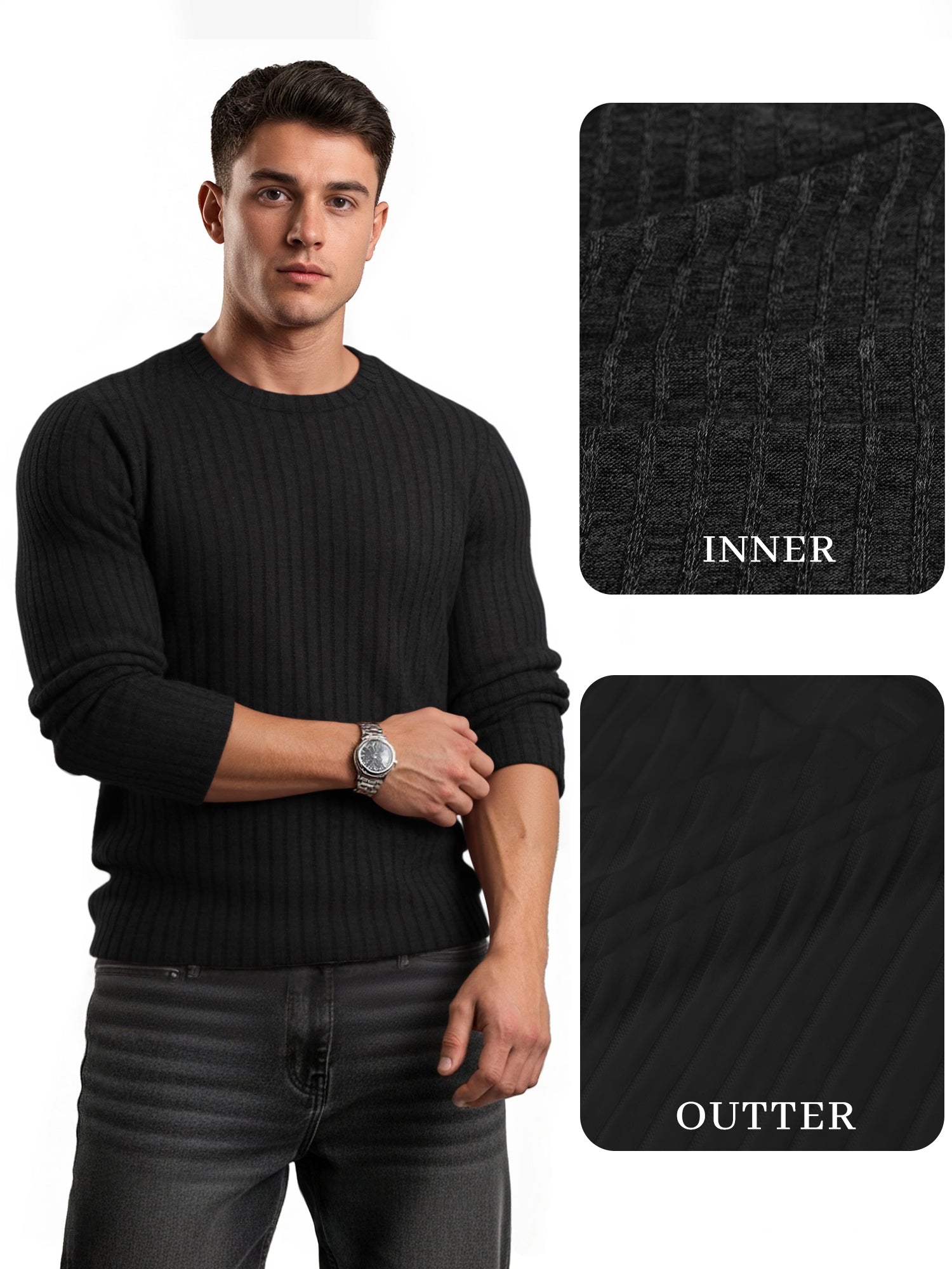 OALUXE Ribbed Long Sleeve Shirts for Men Crewneck Undershirts Thermal Basic Tops