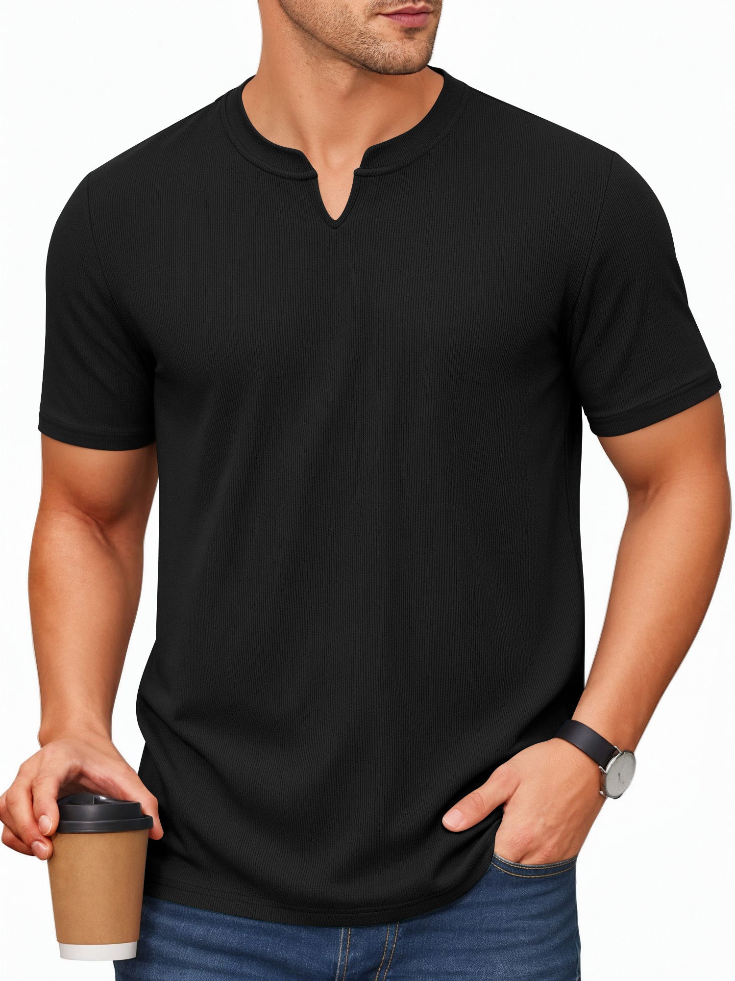 RICHCOIN Mens Muscle Slim T Shirts Texture V Neck Henley Gym Workout Athletic Tee Shirt