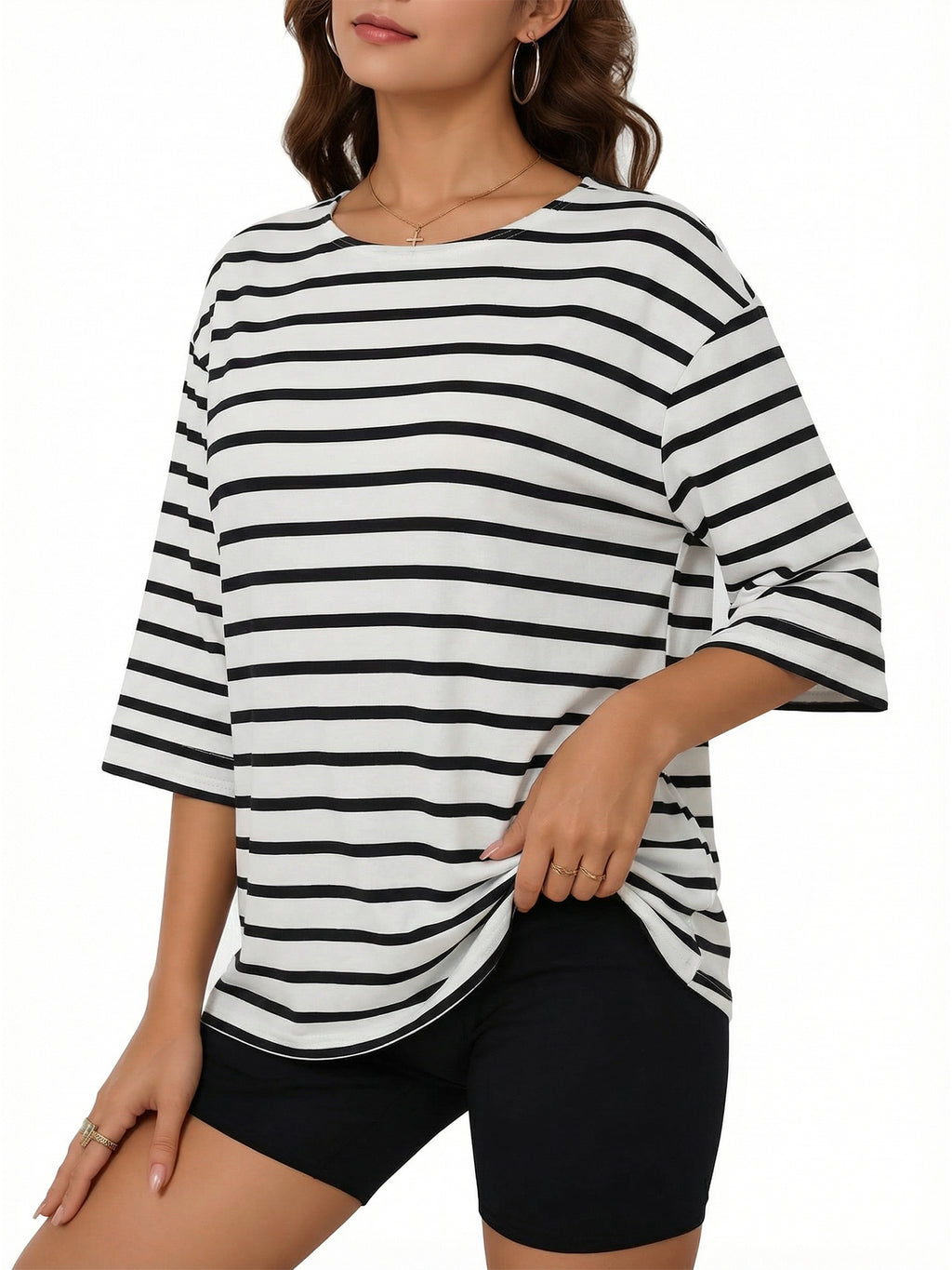 MOYIKO Striped T Shirts for Women 3/4 Length Sleeve Crewneck Casual Loose Fit Tees Summer Tops
