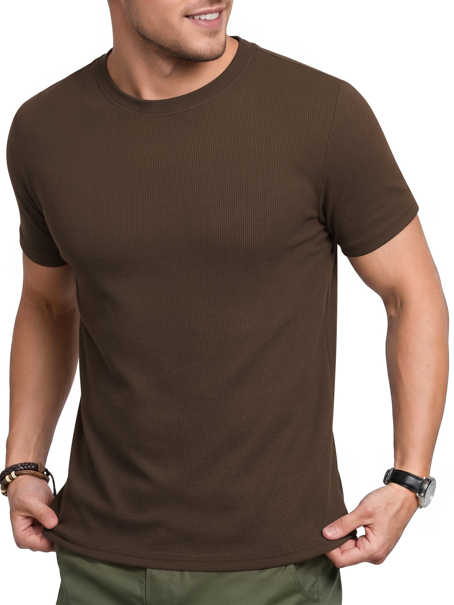 RICHCOIN Men Ribbed Summer Top Short Sleeve Crewneck Basic T-shirt White Casual Solid Color Muscle Tee Shirts