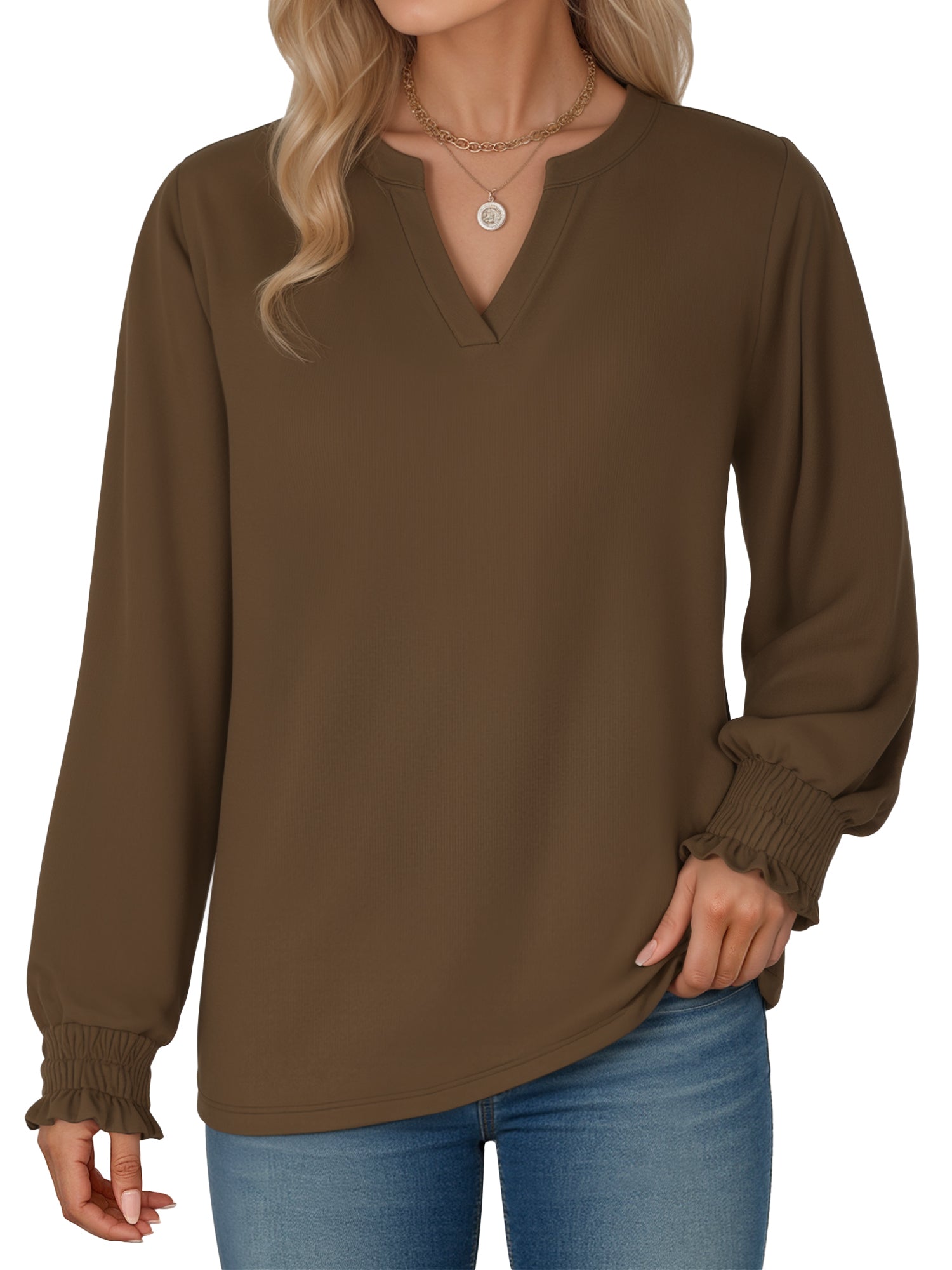 OALUXE Blouses for Women Long Sleeve Shirts V Neck Smocked Cuffs Tunic Tops