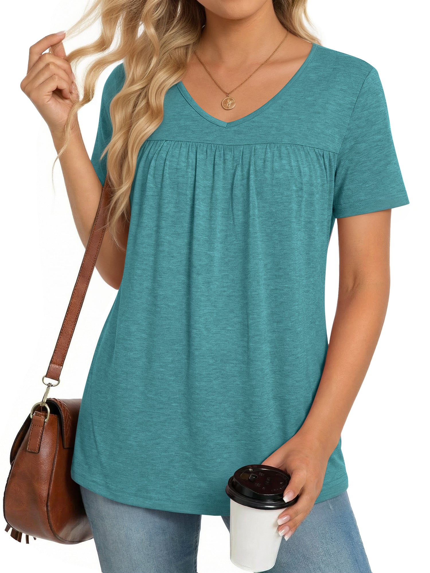MOYIKO Womens T Shirts Short Sleeve Pleated Peplum Babydoll Summer Tops V Neck Dressy Casual Tunic