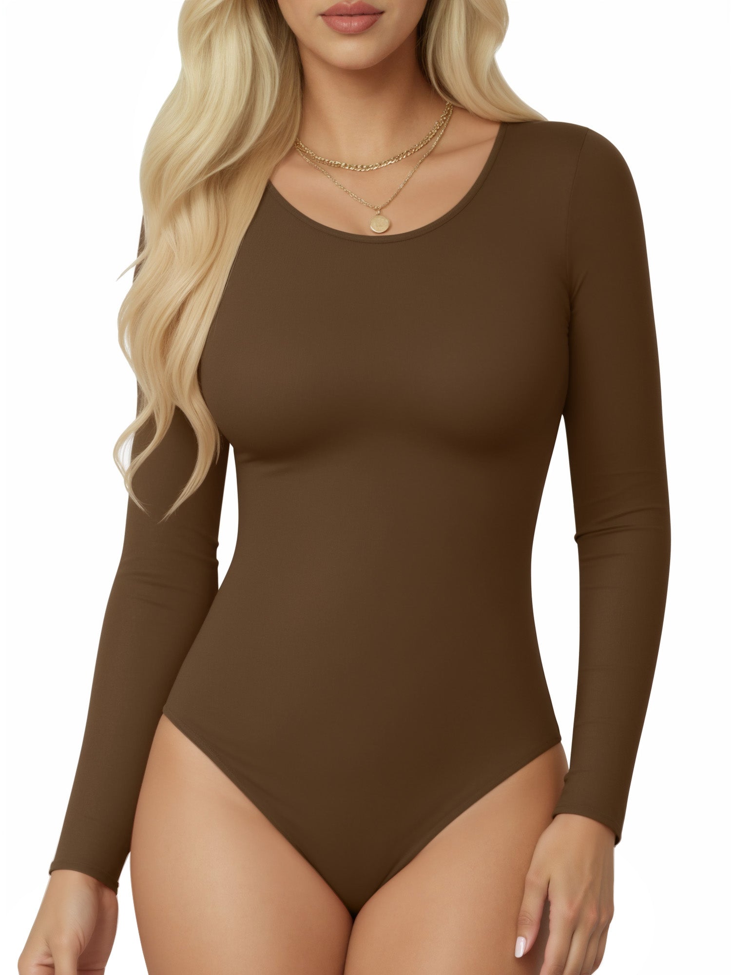 MOYIKO Round Neck Long Sleeve Bodysuit Fitted Womens Tops