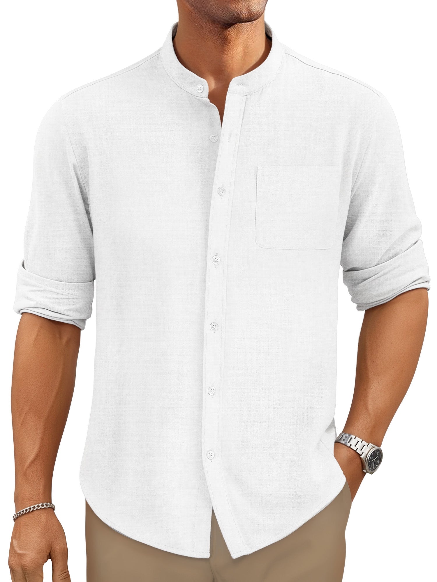 OALUXE Men's Linen Shirts Long Sleeve Button Down Shirt Band Collar Casual Summer Beach Shirts