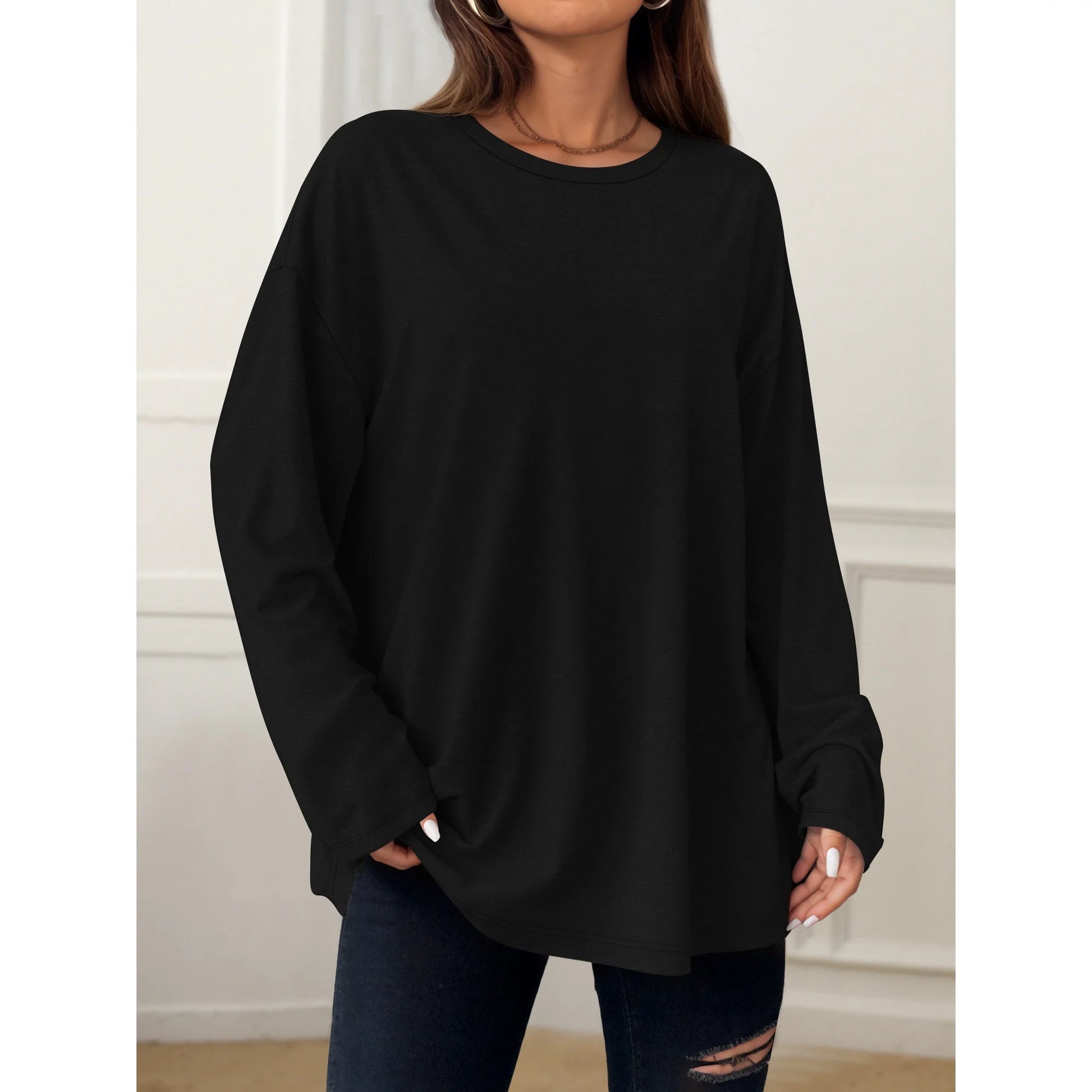 MOYIKO Oversized Long Sleeve Shirts for Women Casual Crewneck Loose Fit Tees Tops