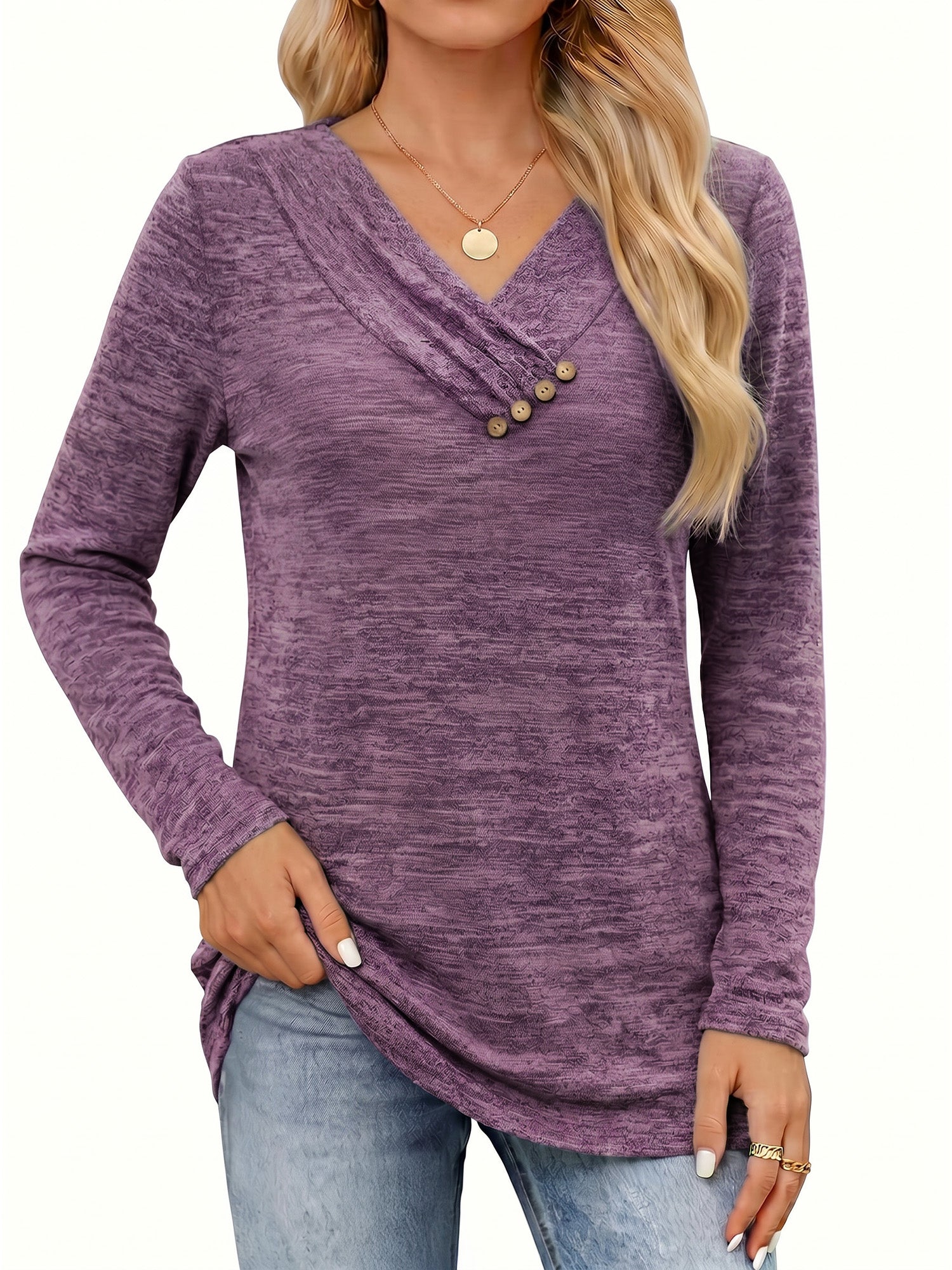 MOYIKO V Neck Blouses for Women Dressy Casual Tops Button Long Sleeve Tee Shirts Fall Top