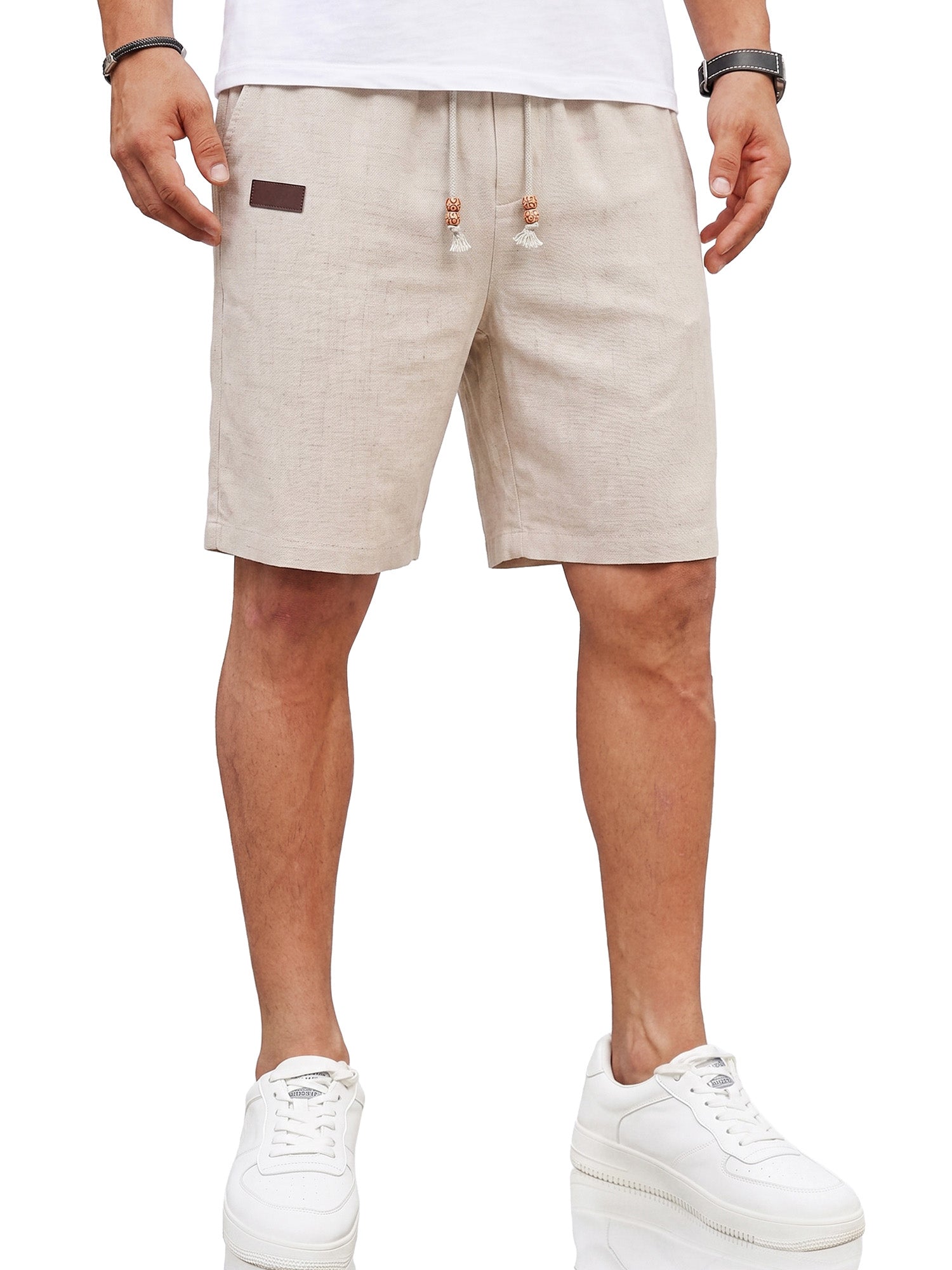 RICHCOIN Mens Casual Linen Shorts Elastic Waist Drawstring Loose Fit Summer Beach Vacation Shorts with Pockets