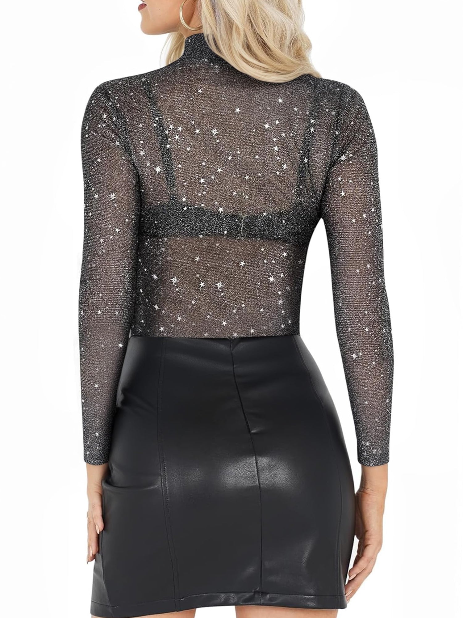 MOYIKO Glitter Mesh Sheer Long Sleeve Tops for Women Mock Turtle Neck See Through Lace Shirts