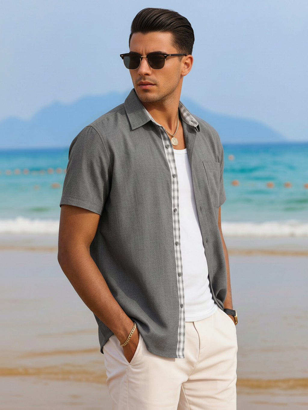RICHCOIN Men's Button Down Shirts Short Sleeve Casual Summer Beach Vacation Wedding Shirt with Pocket