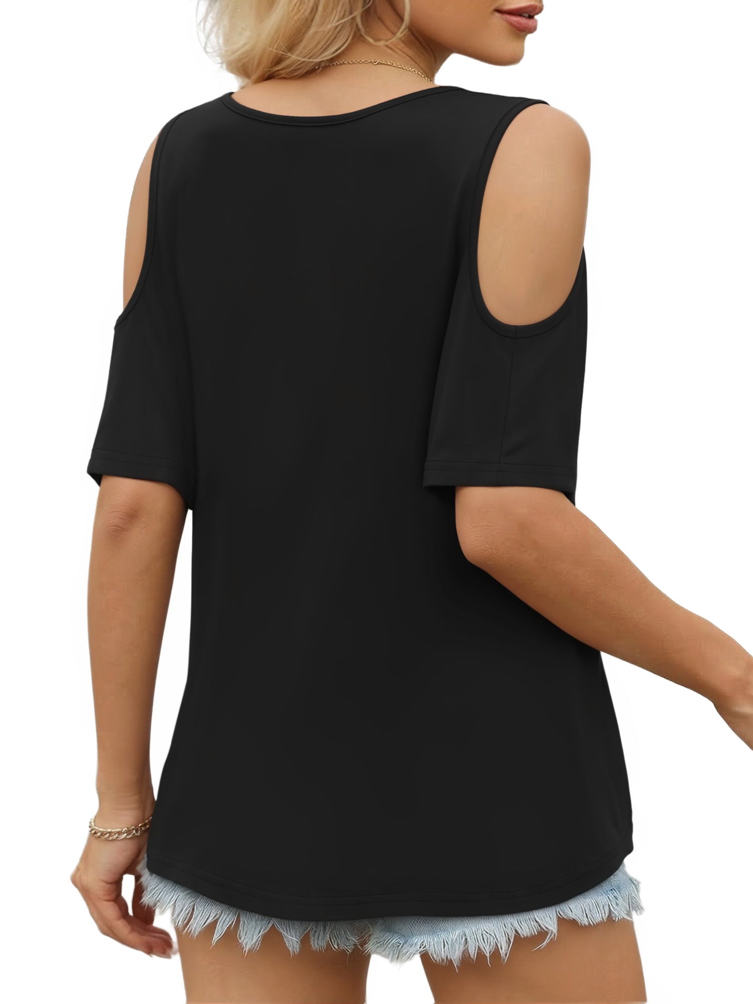 MOYIKO Women's Shirts Cold Shoulder Tops Summer Short Sleeve V Neck Loose Fit T Shirt Basic Black Tee Blouse