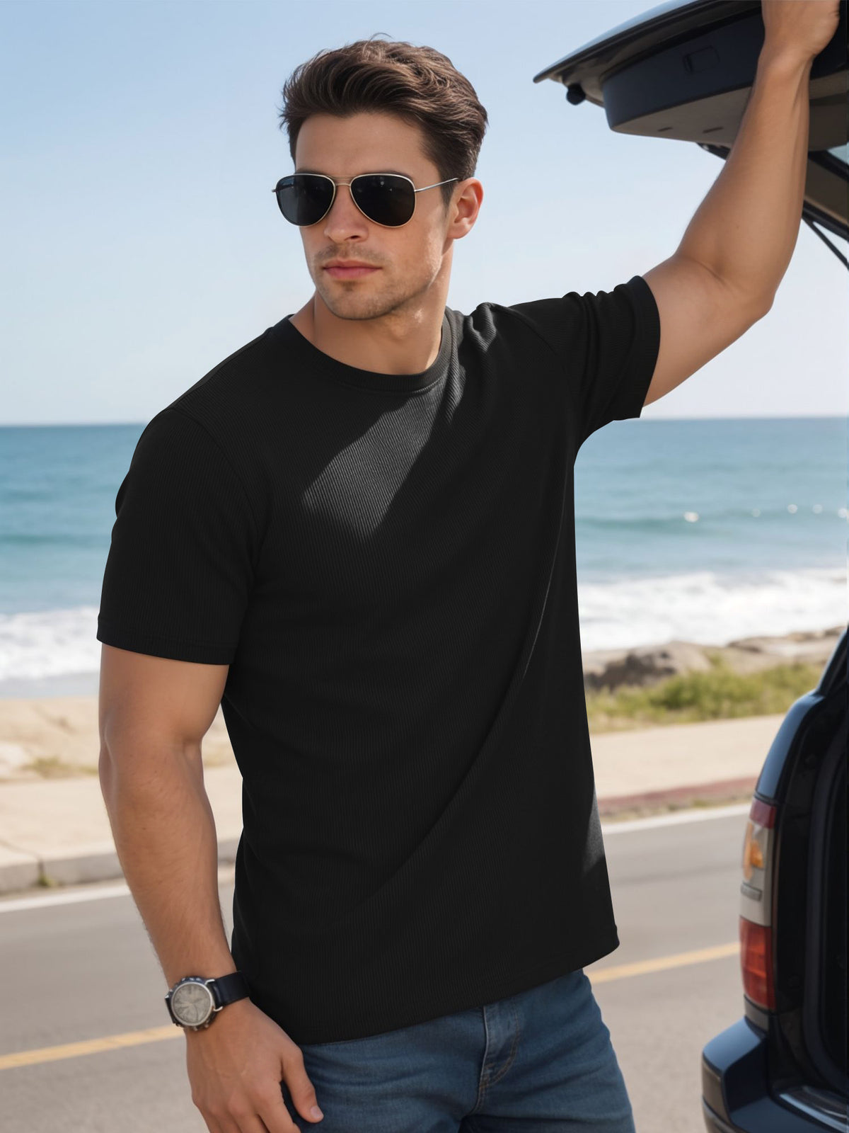 RICHCOIN Short Sleeve T-shirt for Men Ribbed Summer Top Blue Casual Crewneck Slim Fit Tee Shirts