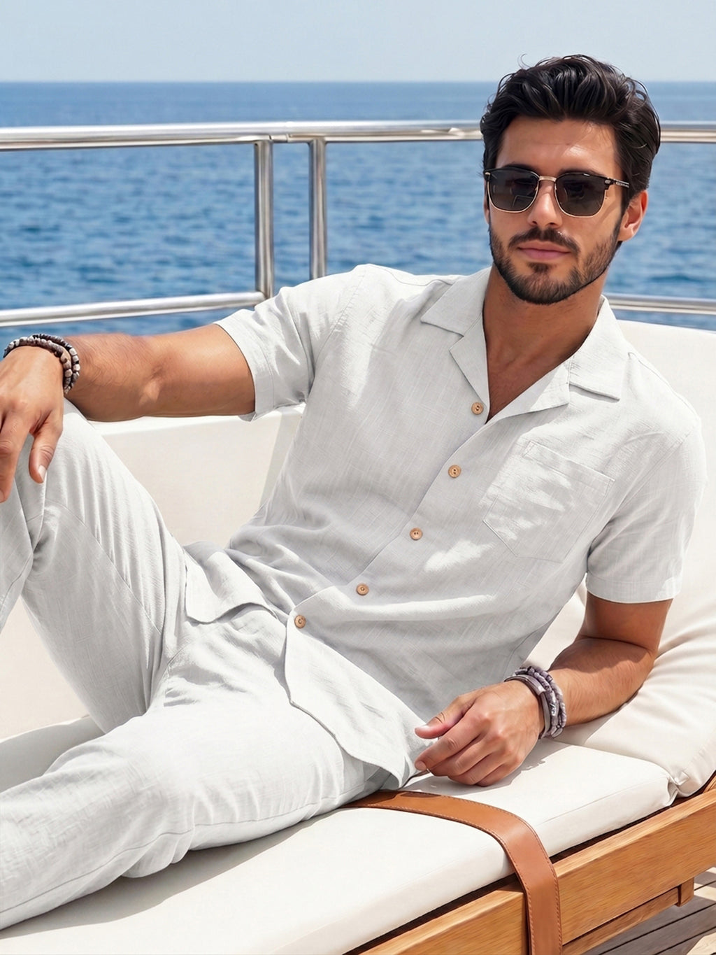 RICHCOIN Men 2 Piece Linen Outfit Beach Button Down Shirt Casual Loose Pant Sets