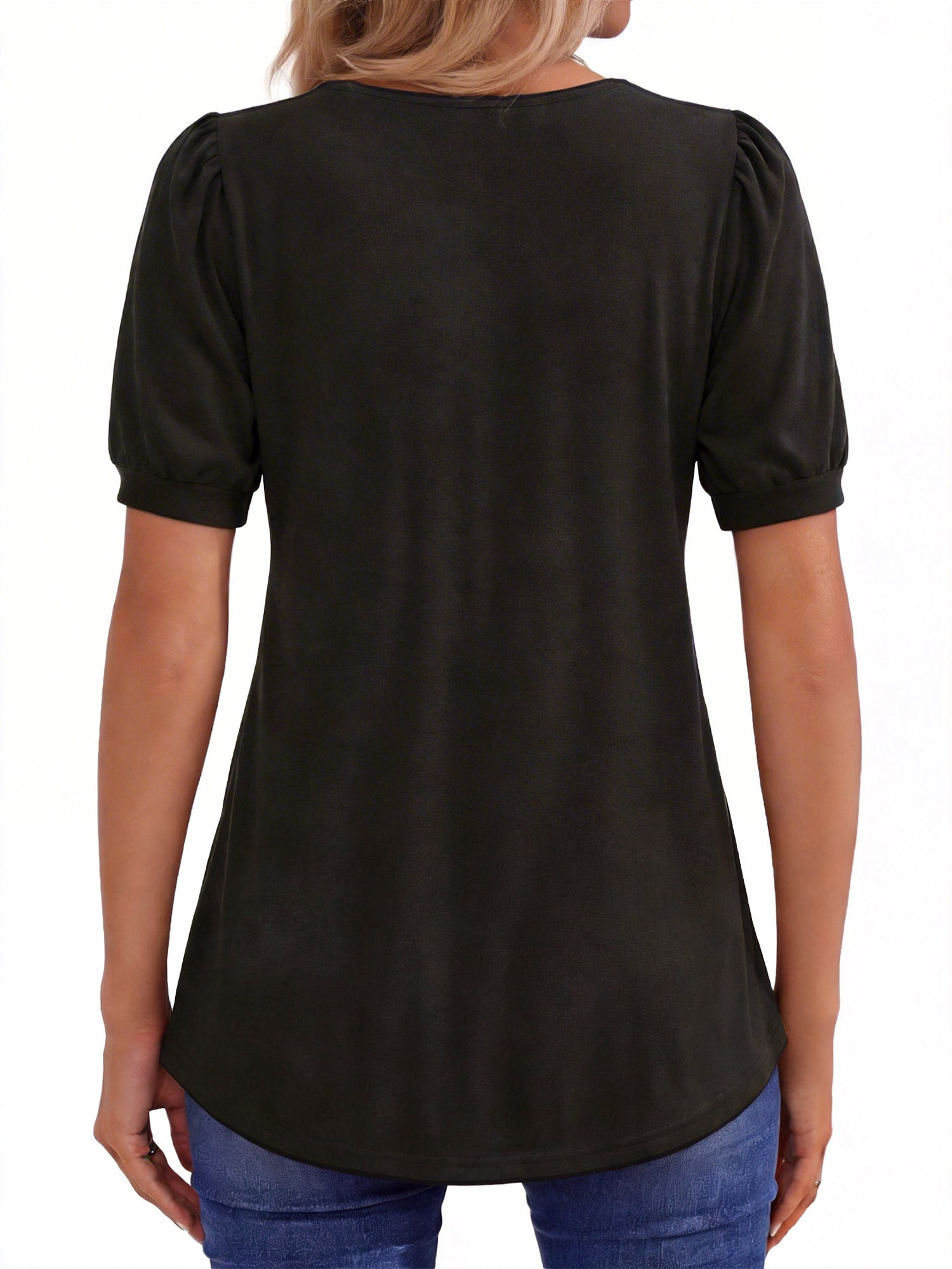 MOYIKO Blouses for Women Pleated Button Puff Short Sleeve Shirts Dressy Casual V Neck Tunic Tops Summer Shirts