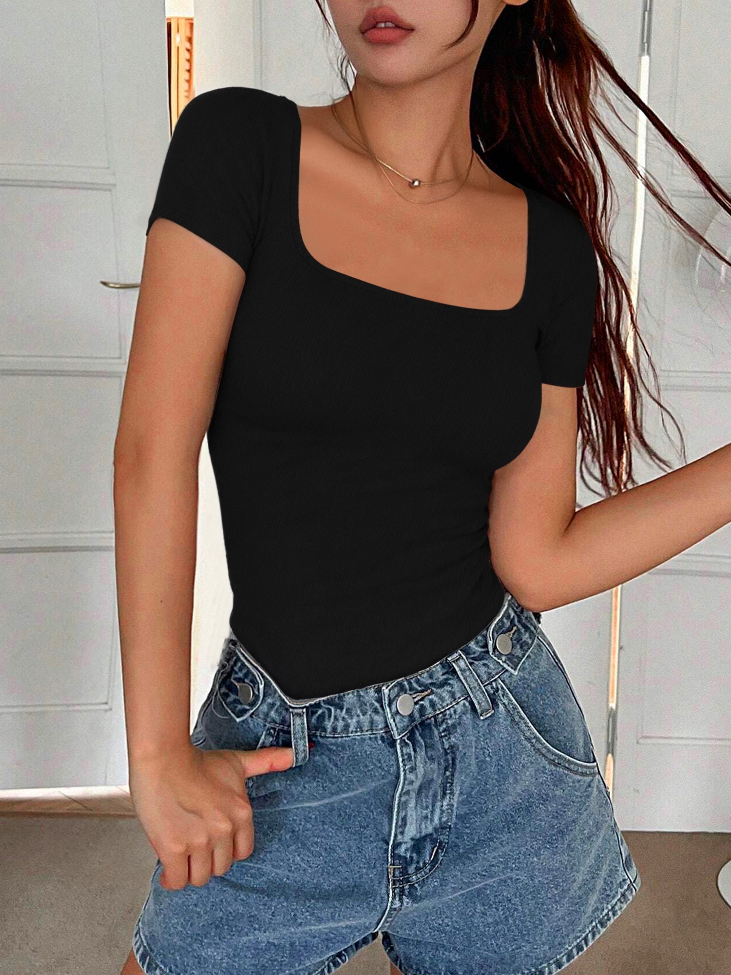 MOYIKO Square Neck Tops for Women Slim Fitted T Shirts Short Sleeve Tight Summer Tees