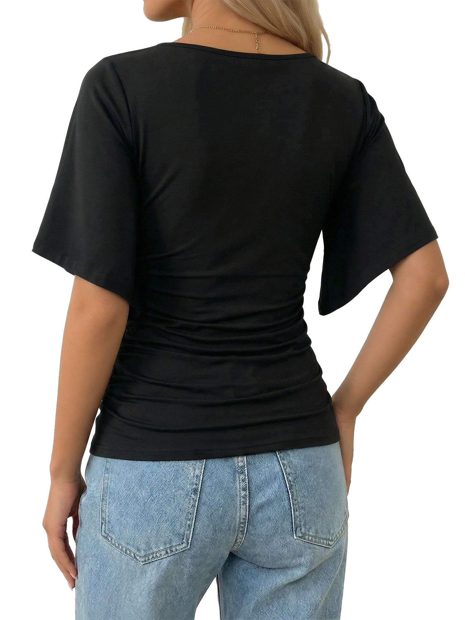 MOYIKO T Shirts for Women Boat Neck 3/4 Flare Sleeve Ruched Fitted Shirts