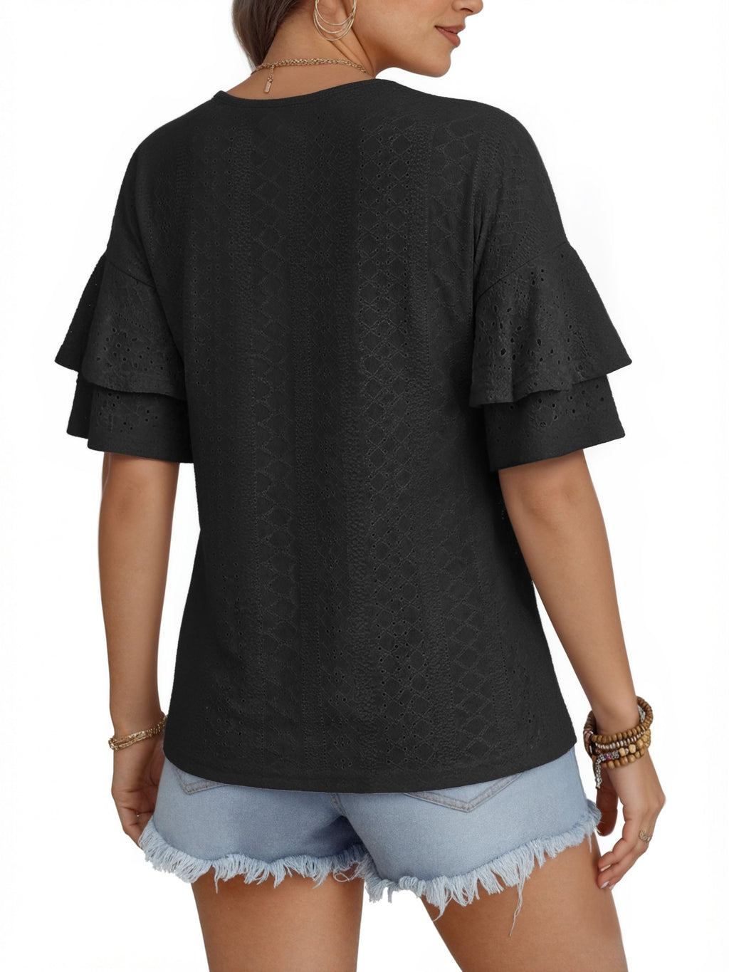 MOYIKO Women Casual Ruffle Half Sleeve Summer tops Crewneck Eyelet Shirts Flowy Dressy Tunic Blouses