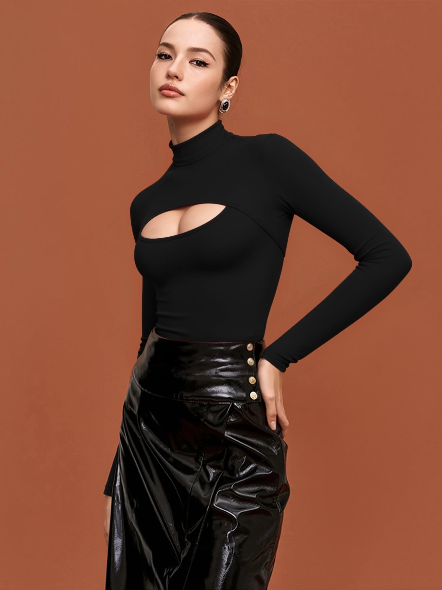 MOYIKO Mock Neck Cutout Front Tops Long Sleeve Body Suits for Womens Fitted Tight Tops