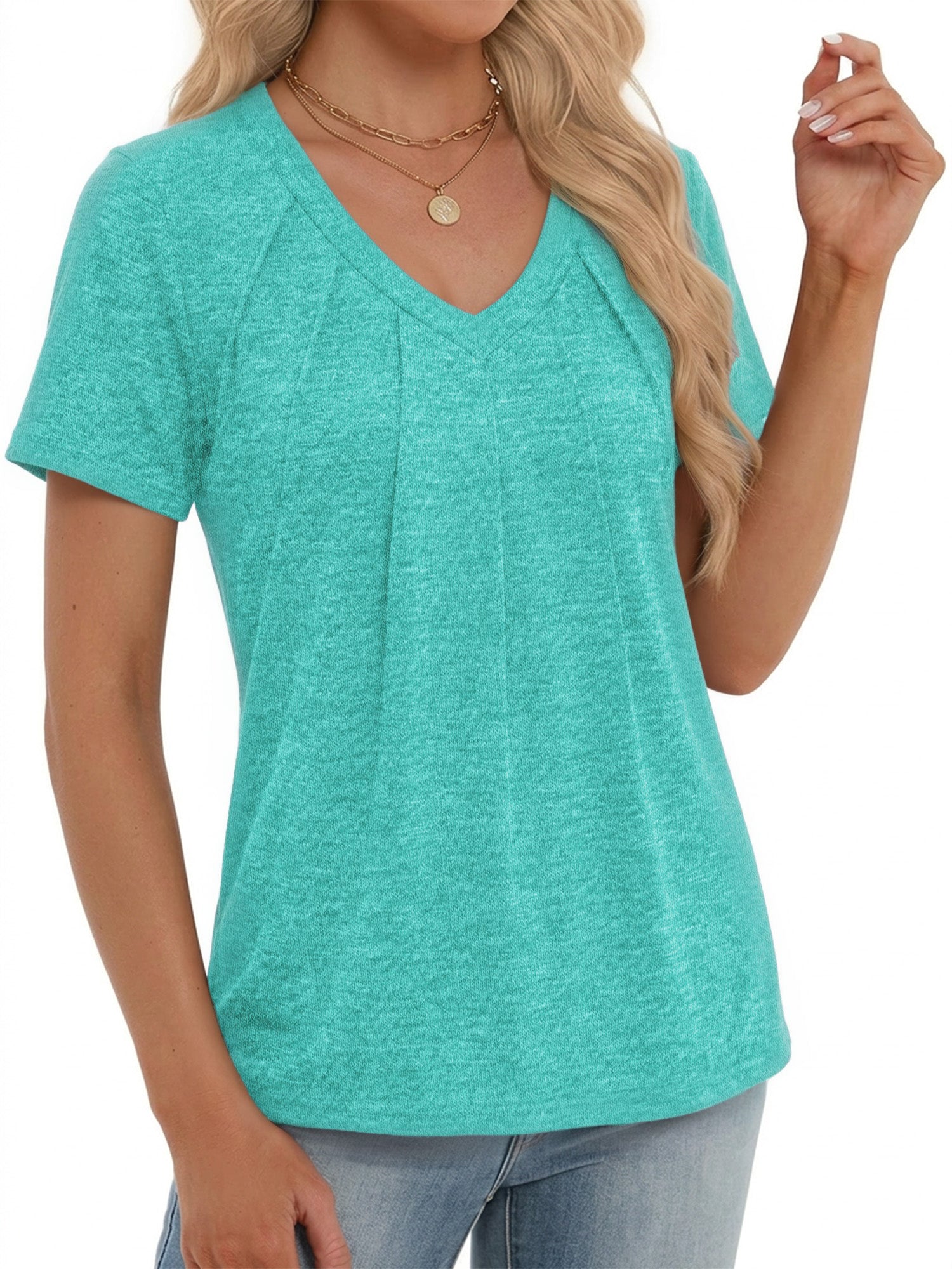 MOYIKO Blouses for Women Short Sleeve Shirts Dressy Casual V Neck Tunic Tops with Pleats