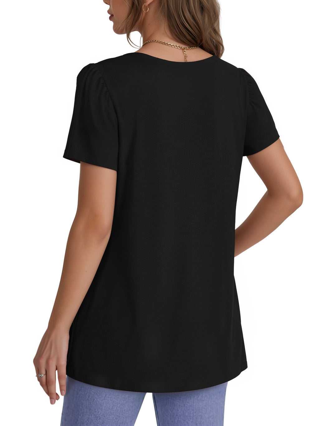 MOYIKO Womens Short Puff Sleeve T Shirts V Neck Summer Tops Trendy Dressy Casual Loose Fit Tees