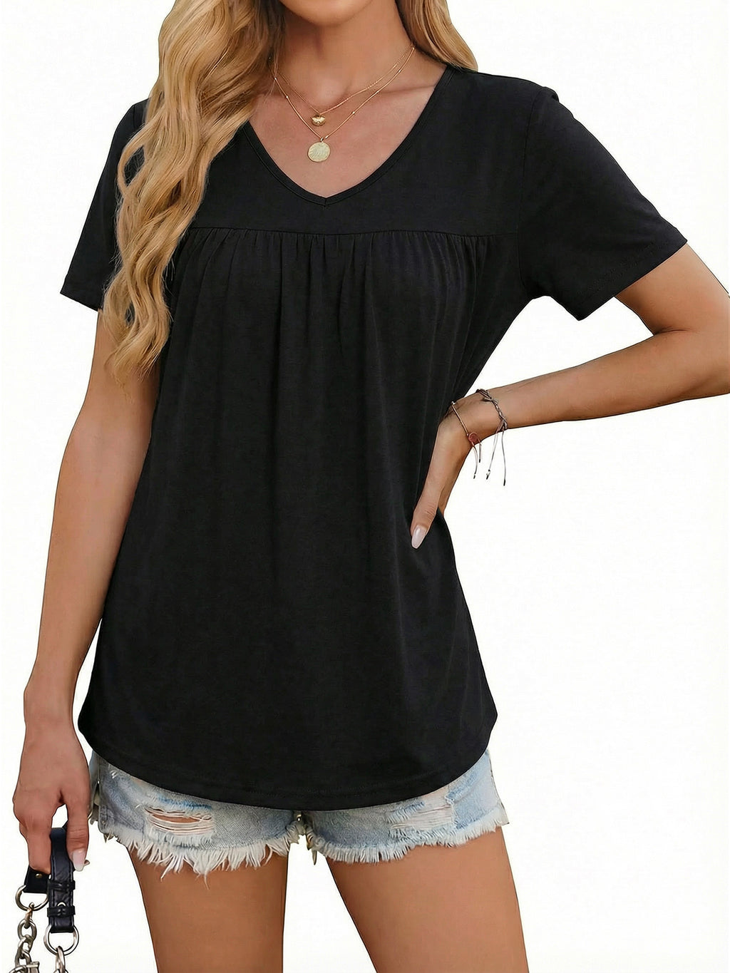 MOYIKO Womens T Shirts Short Sleeve Pleated Peplum Babydoll Summer Tops V Neck Dressy Casual Tunic