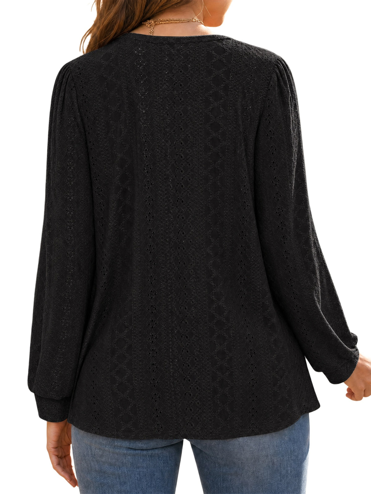 MOYIKO Eyelet Blouses for Women Dressy Casual Long Sleeve V Neck Fall Trendy Work Daily Wear Tops