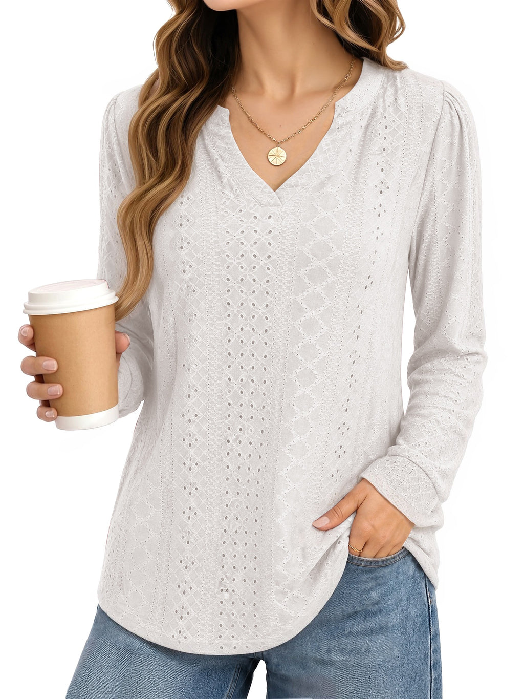 MOYIKO Eyelet Blouses for Women Dressy Casual Long Sleeve V Neck Fall Trendy Work Daily Wear Tops