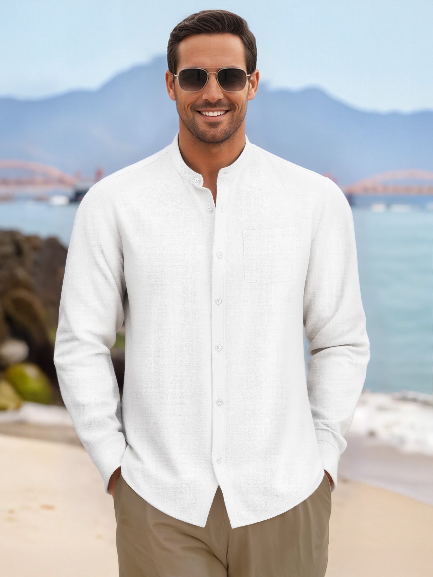 OALUXE Men's Linen Shirts Long Sleeve Button Down Shirt Band Collar Casual Summer Beach Shirts