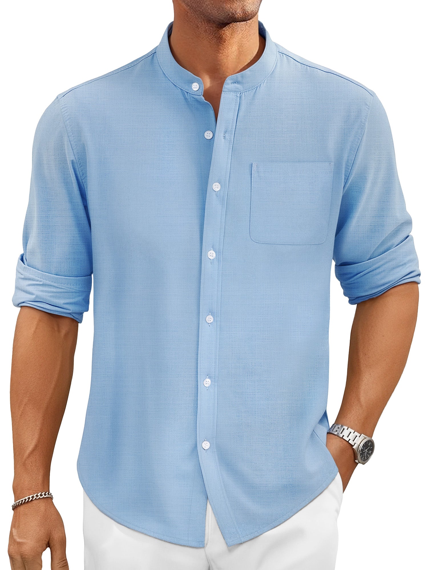OALUXE Men's Linen Shirts Long Sleeve Button Down Shirt Band Collar Casual Summer Beach Shirts