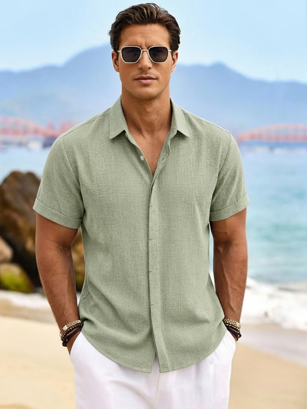 RICHCOIN Men's Linen Shirts Short Sleeve Casual Shirts Button Down Shirt for Men Summer Beach Wedding Dress Shirt