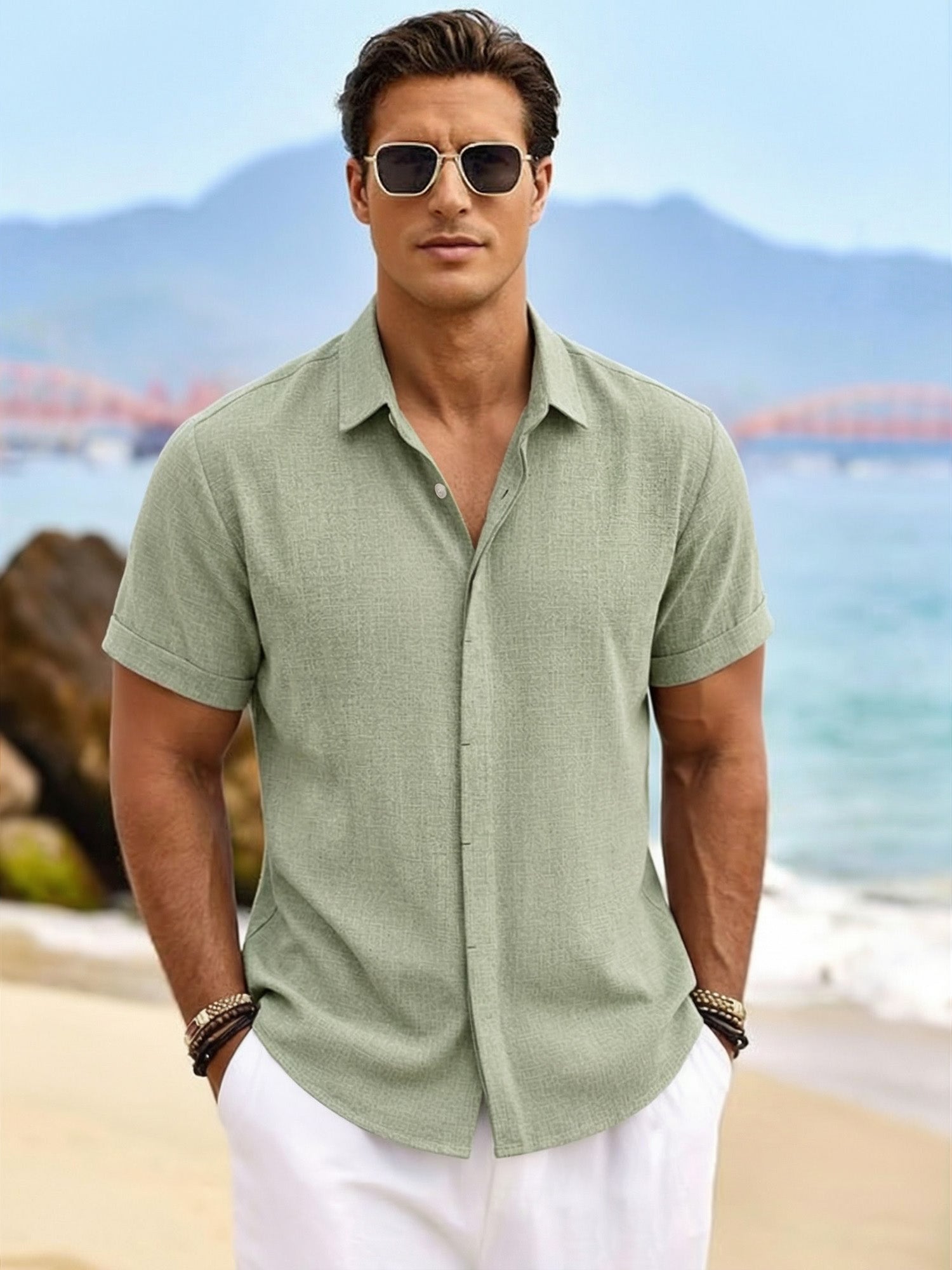 RICHCOIN Men's Linen Shirts Short Sleeve Casual Shirts Button Down Shirt for Men Summer Beach Wedding Dress Shirt