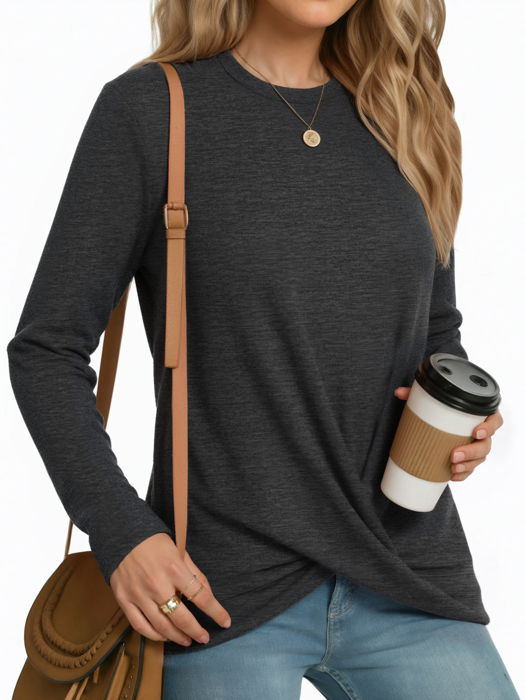 OALUXE Long Sleeve Shirts for Women Dressy Casual Tunic Tops Crewneck Front Twist Blouses