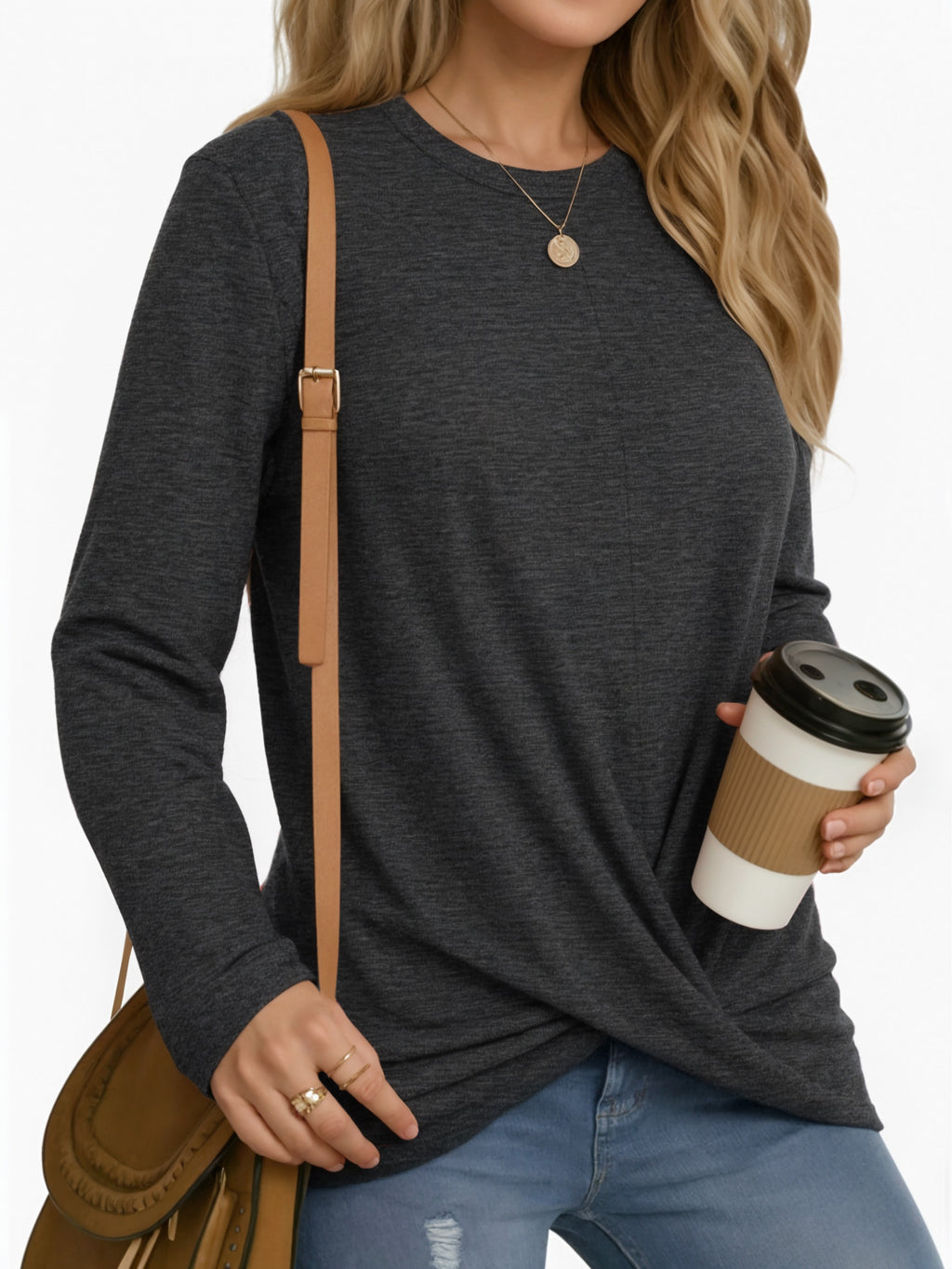 OALUXE Long Sleeve Shirts for Women Dressy Casual Tunic Tops Crewneck Front Twist Blouses