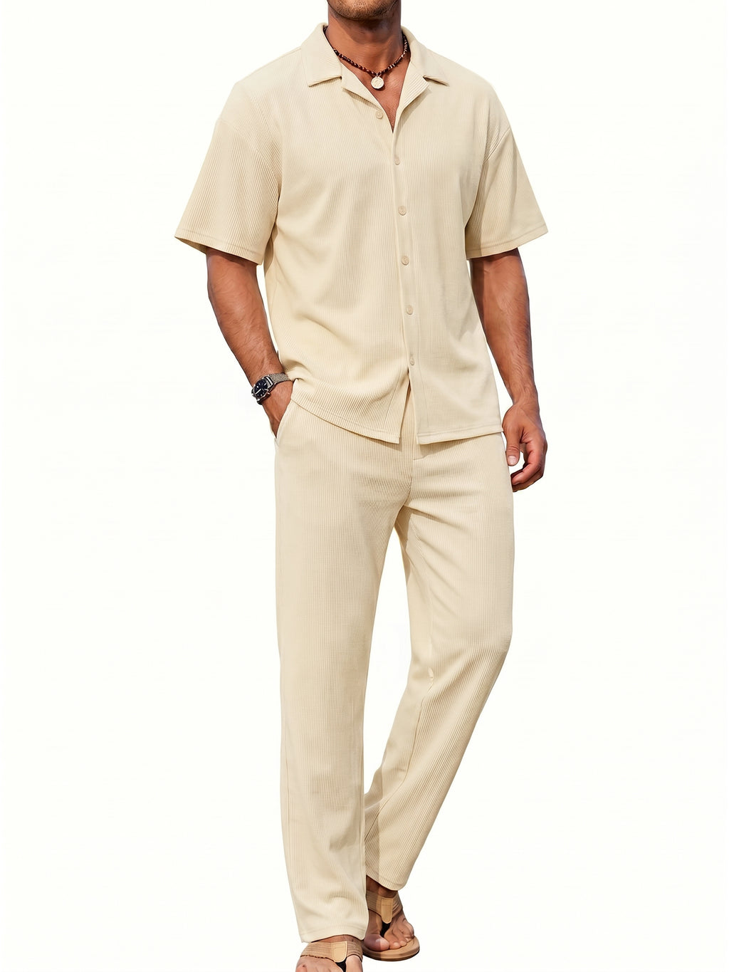 RICHCOIN Men's 2 Piece Beige Summer Beach Button Down Shirt & Pant Outfit Set