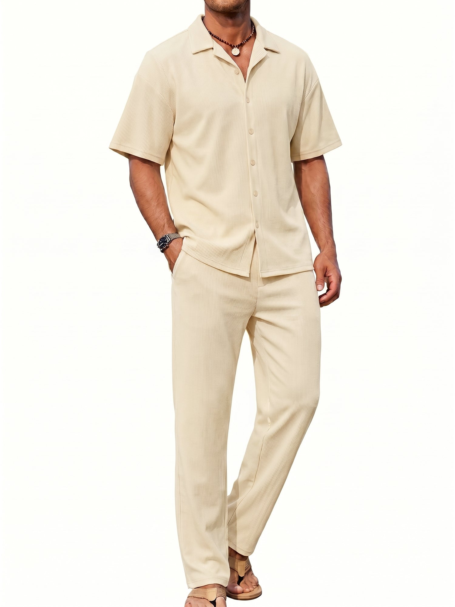 RICHCOIN Men's 2 Piece Beige Summer Beach Button Down Shirt & Pant Outfit Set