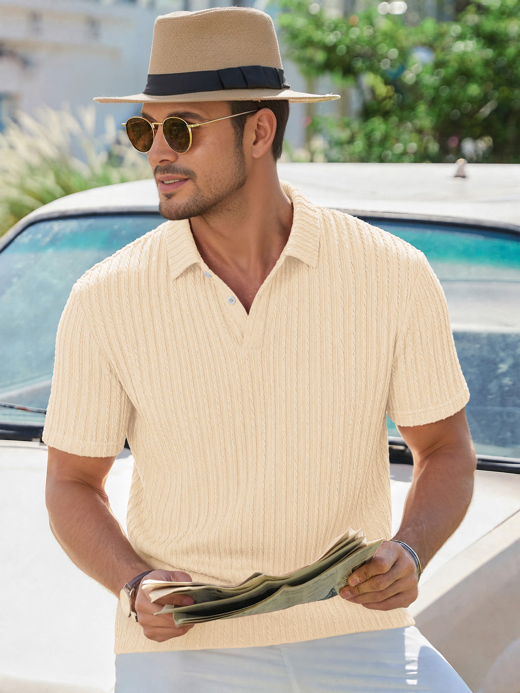 RICHCOIN Mens Casual Polo Shirt Summer Short Sleeve Vacation Button Beach Knit Stretchy Golf Shirts