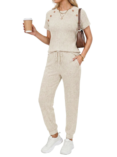 MOYIKO 2 Piece Sets for Women Summer Outfits Fashion Lounge Sets Crew Neck Tops Long Pants Tracksuit Vacation Travel Outfits