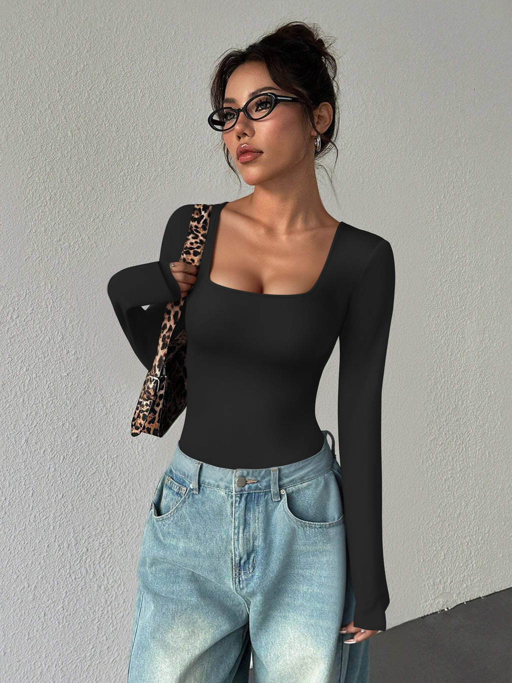 MOYIKO Square Neck Tops for Women Long Sleeve Body Suits Womens Fitted Tight Tops