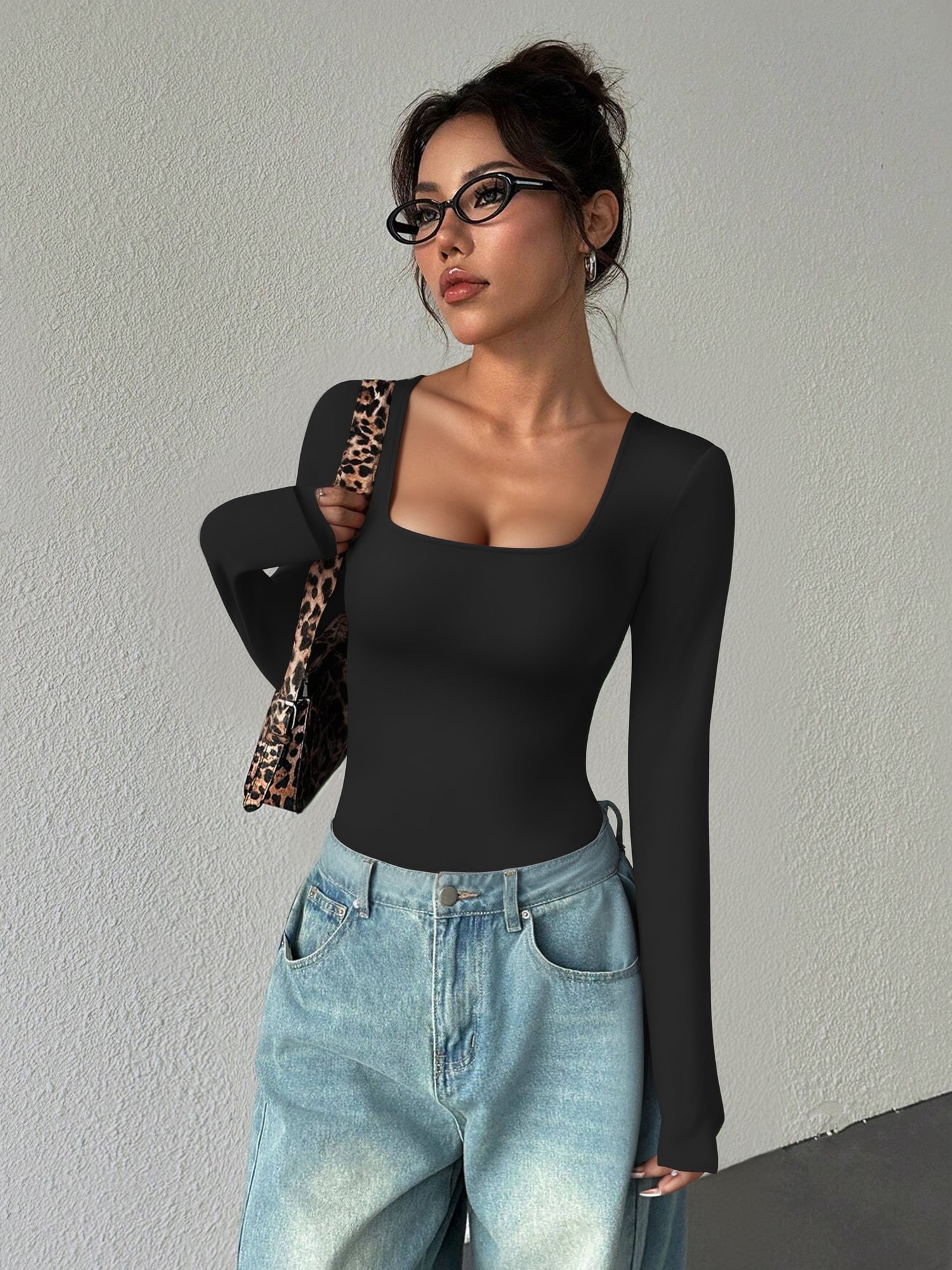 MOYIKO Square Neck Tops for Women Long Sleeve Body Suits Womens Fitted Tight Tops