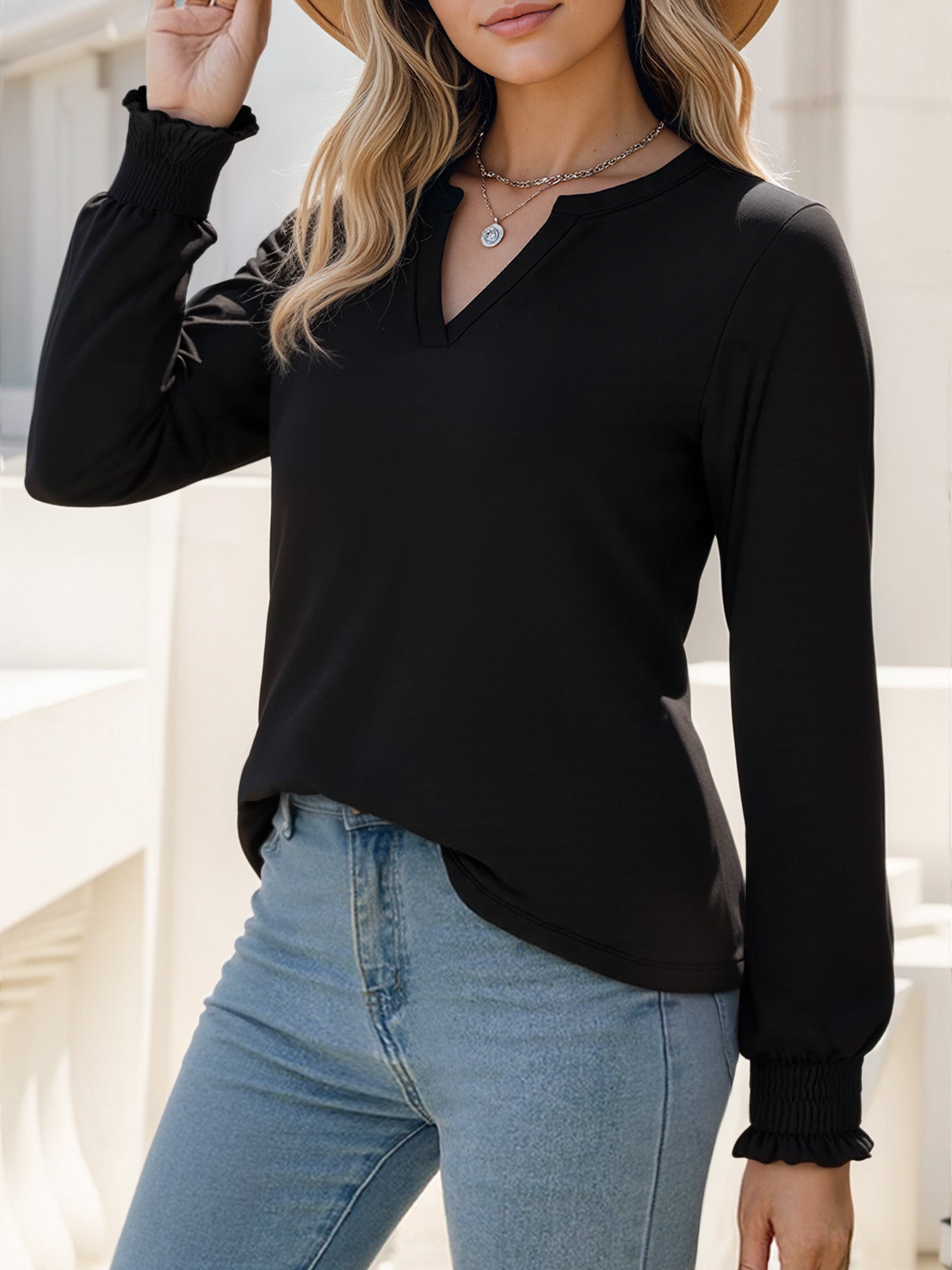 OALUXE Blouses for Women Long Sleeve Shirts V Neck Smocked Cuffs Tunic Tops