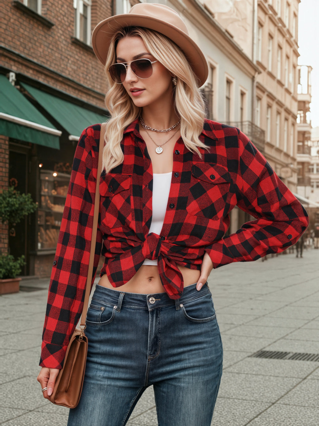 OALUXE Plaid Shirts for Women Roll Up Long Sleeve Casual Button Down Blouses Tops with Pockets