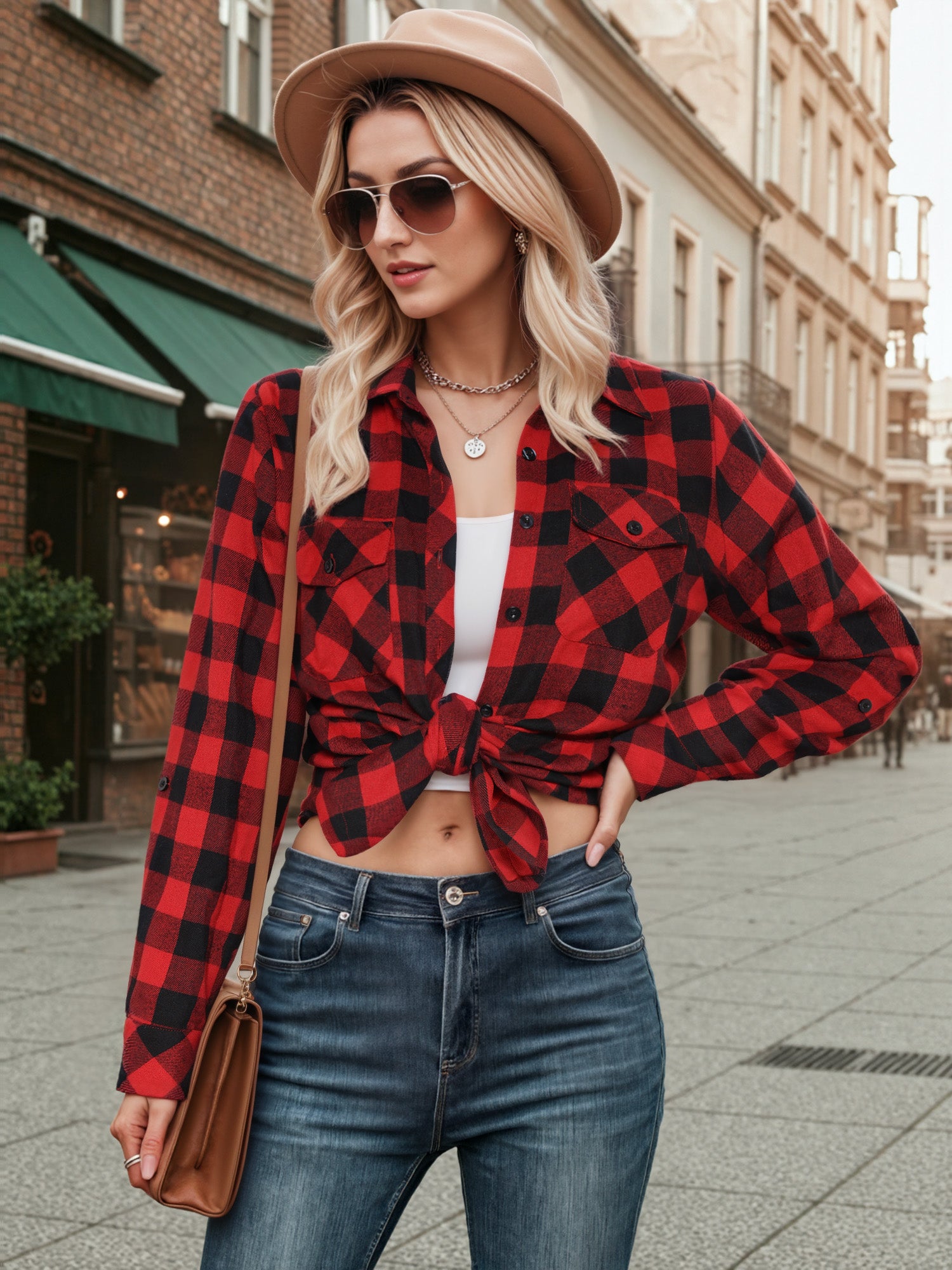 OALUXE Plaid Shirts for Women Roll Up Long Sleeve Casual Button Down Blouses Tops with Pockets