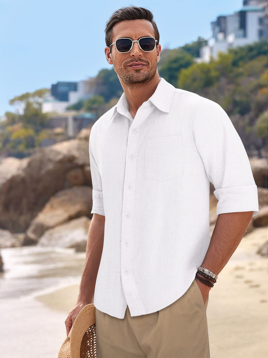OALUXE Linen Button Down Shirts For Men Casual Long Sleeve Lightweight Dress Shirts With Pocket